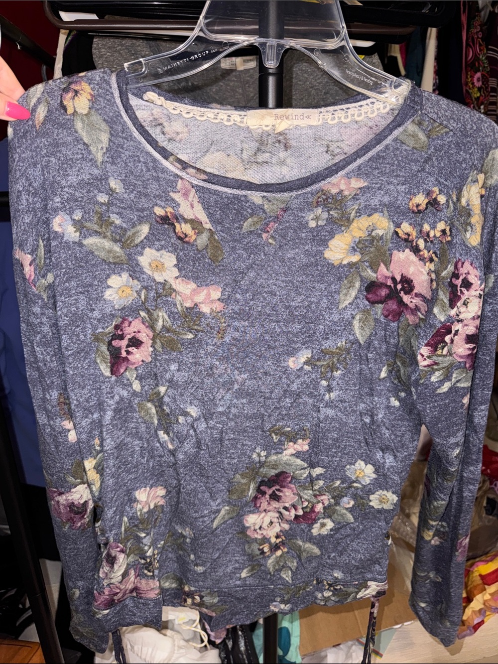 Rewind Heathered Blue Floral Long Sleeve Top